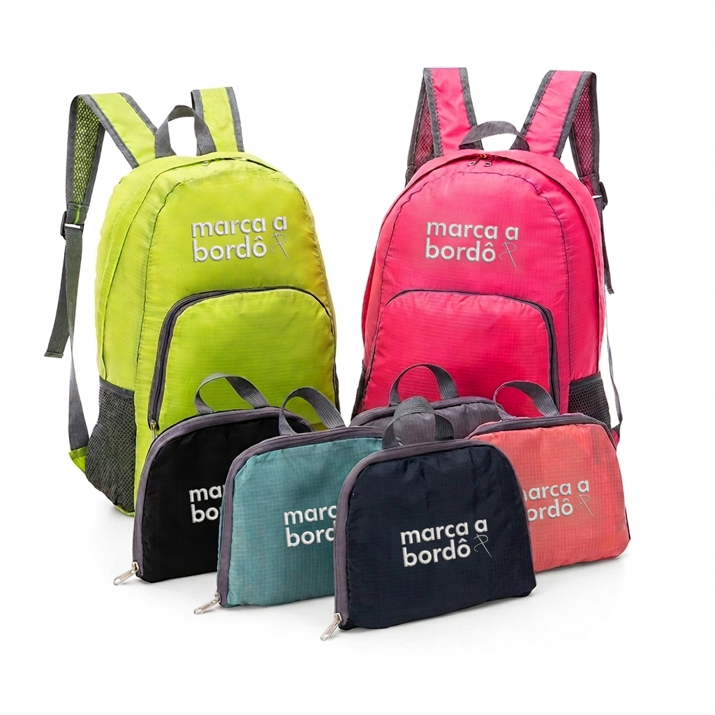 Mochilas nylon dobráveis e compactadas em diversas cores