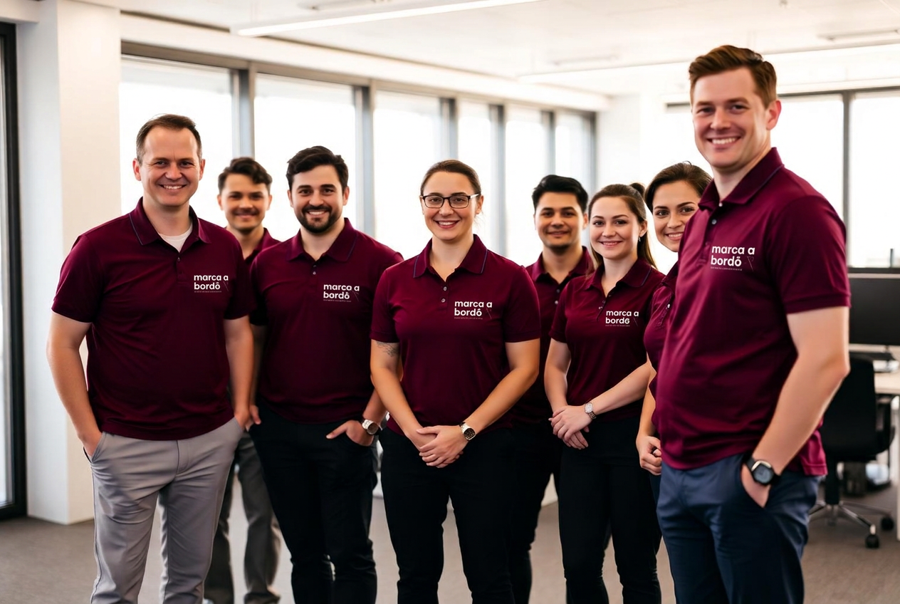 Equipe uniformizada com camisas polo bordô em ambiente corporativo