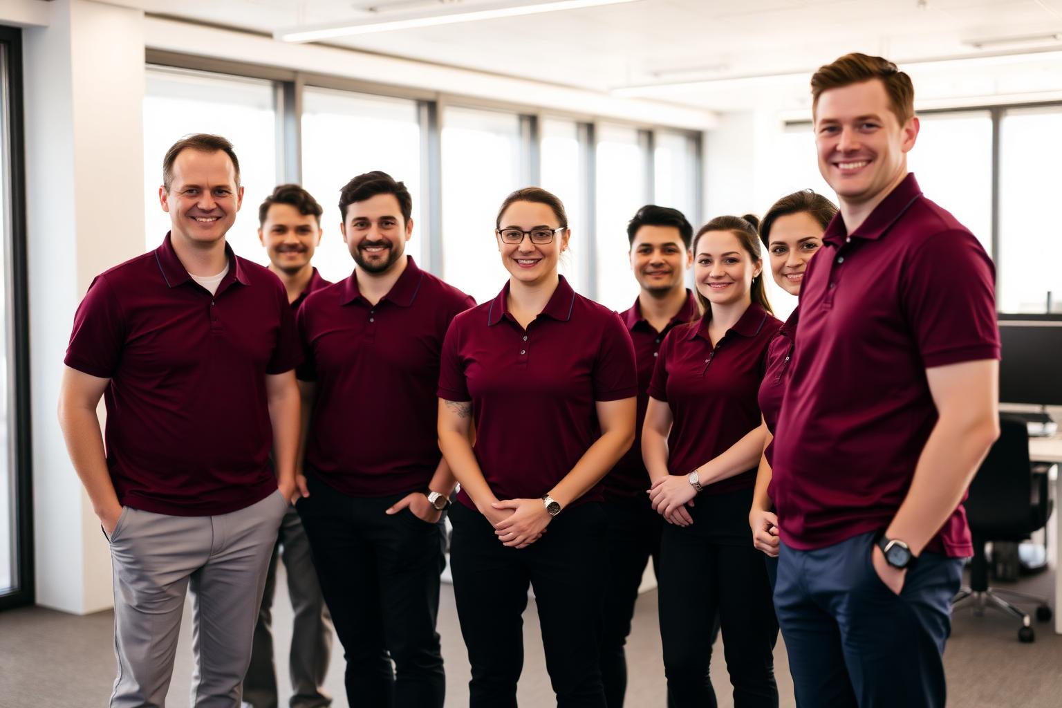 Equipe usando uniformes profissionais personalizados com bordado